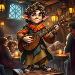 A handsome and attractive male halfling bard, featuring charming facial features with a mischievous smile, dressed in vibrant, flowing clothing adorned with musical motifs
