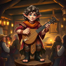 A handsome and attractive male halfling bard, featuring charming facial features with a mischievous smile, dressed in vibrant, flowing clothing adorned with musical motifs