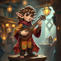 A handsome and attractive male halfling bard, featuring charming facial features with a mischievous smile, dressed in vibrant, flowing clothing adorned with musical motifs