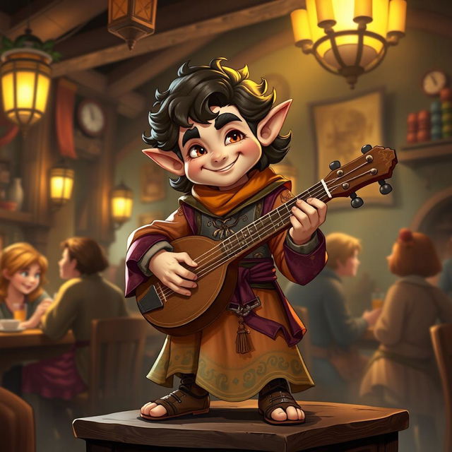 A handsome and attractive male halfling bard, featuring charming facial features with a mischievous smile, dressed in vibrant, flowing clothing adorned with musical motifs