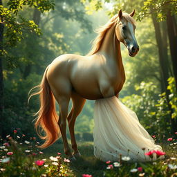 A surrealistic depiction of a horse with a woman's torso directly attached instead of a neck or head