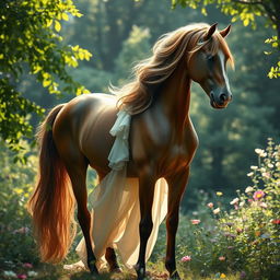 A surrealistic depiction of a horse with a woman's torso directly attached instead of a neck or head