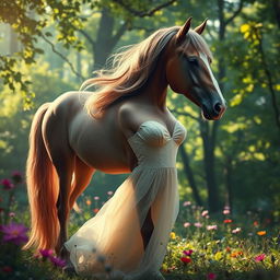 A surrealistic depiction of a horse with a woman's torso directly attached instead of a neck or head