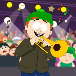 A playful illustration of Kyle Broflovski from South Park playing a trombone, captured mid-performance
