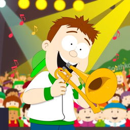 A playful illustration of Kyle Broflovski from South Park playing a trombone, captured mid-performance