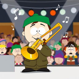 A playful illustration of Kyle Broflovski from South Park playing a trombone, captured mid-performance