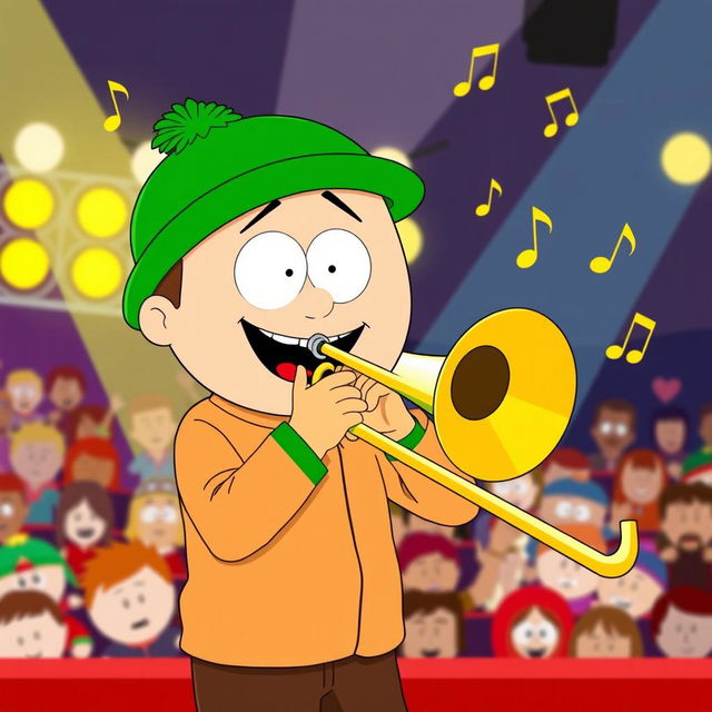 A playful illustration of Kyle Broflovski from South Park playing a trombone, captured mid-performance