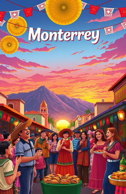 A vibrant and colorful illustration representing the essence of Monterrey, Mexico, showcasing iconic landmarks and cultural elements