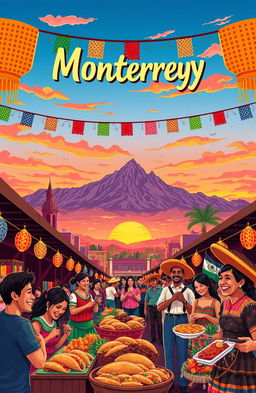 A vibrant and colorful illustration representing the essence of Monterrey, Mexico, showcasing iconic landmarks and cultural elements