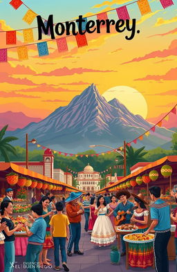 A vibrant and colorful illustration representing the essence of Monterrey, Mexico, showcasing iconic landmarks and cultural elements