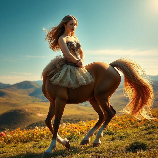 A captivating scene featuring a woman seamlessly transformed into a horse from the waist down