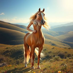 A captivating scene featuring a woman seamlessly transformed into a horse from the waist down