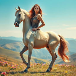 A captivating scene featuring a woman seamlessly transformed into a horse from the waist down