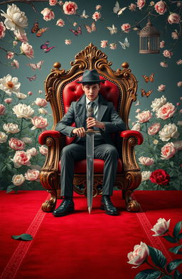 A young private detective figure sitting confidently on an ornate throne chair, holding a gleaming sword, exuding an air of determination and mystery