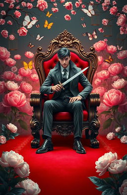 A young private detective figure sitting confidently on an ornate throne chair, holding a gleaming sword, exuding an air of determination and mystery