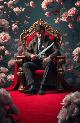 A young private detective figure sitting confidently on an ornate throne chair, holding a gleaming sword, exuding an air of determination and mystery