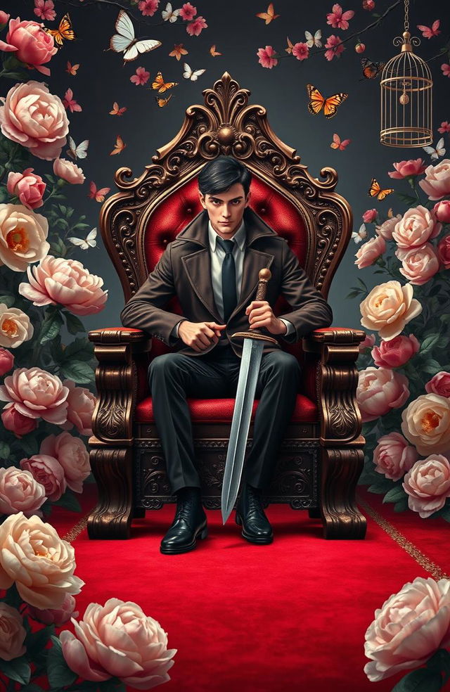 A young private detective figure sitting confidently on an ornate throne chair, holding a gleaming sword, exuding an air of determination and mystery