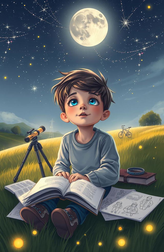 A young boy, full of hope and determination, gazing at the starry night sky in a serene countryside setting