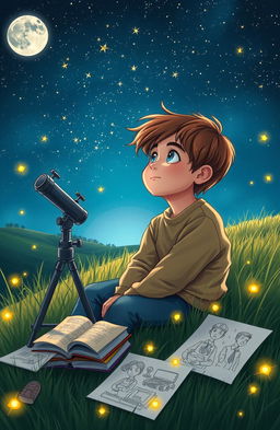 A young boy, full of hope and determination, gazing at the starry night sky in a serene countryside setting