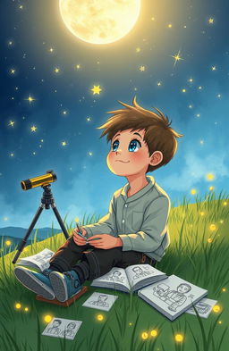 A young boy, full of hope and determination, gazing at the starry night sky in a serene countryside setting