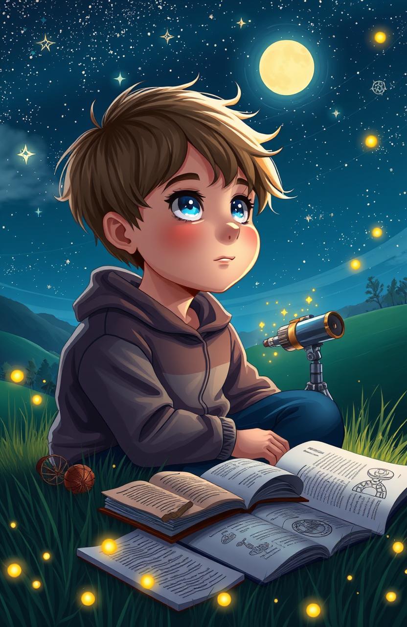 A young boy, full of hope and determination, gazing at the starry night sky in a serene countryside setting