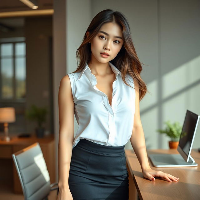 A sexy and beautiful 24-year-old Korean nutritionist dressed in a chic work outfit that features a stylish skirt and a sleeveless shirt, captured in her contemporary office setting