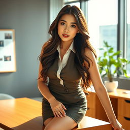 A sexy and beautiful 24-year-old Korean nutritionist dressed in a chic work outfit that features a stylish skirt and a sleeveless shirt, captured in her contemporary office setting