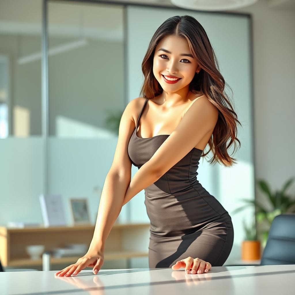 A sexy and beautiful 24-year-old Korean nutritionist wearing a stylish work outfit consisting of a sleek skirt and a sleeveless shirt, positioned in her modern office