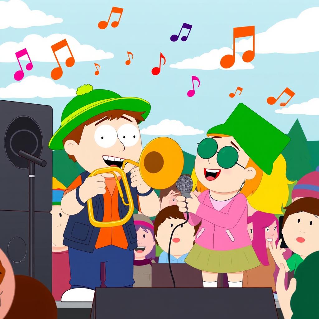 An engaging and lively illustration of Kyle Broflovski and Wendy Testaburger from South Park, both joyfully participating in a musical duet