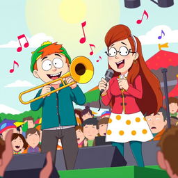 An engaging and lively illustration of Kyle Broflovski and Wendy Testaburger from South Park, both joyfully participating in a musical duet