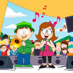 An engaging and lively illustration of Kyle Broflovski and Wendy Testaburger from South Park, both joyfully participating in a musical duet