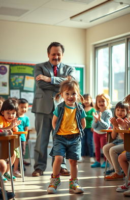 A scene in a bright, lively classroom where a shy yet quirky girl with a nervous smile is standing awkwardly, surrounded by classmates who are intrigued and some laughing