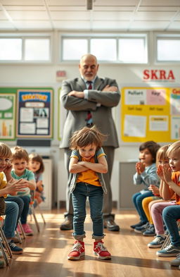 A scene in a bright, lively classroom where a shy yet quirky girl with a nervous smile is standing awkwardly, surrounded by classmates who are intrigued and some laughing