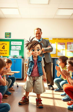 A scene in a bright, lively classroom where a shy yet quirky girl with a nervous smile is standing awkwardly, surrounded by classmates who are intrigued and some laughing