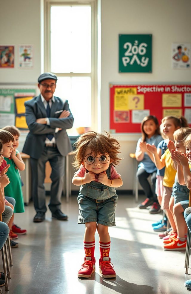 A scene in a bright, lively classroom where a shy yet quirky girl with a nervous smile is standing awkwardly, surrounded by classmates who are intrigued and some laughing