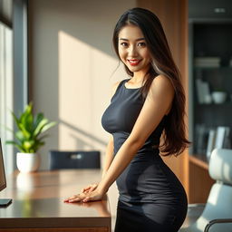 A sexy and beautiful 24-year-old Korean nutritionist dressed in an elegant and form-fitting work outfit featuring a sleek skirt and a sleeveless shirt, positioned in her stylish modern office