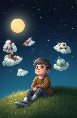 A young boy sitting on a grassy hillside under a starry night sky, dreaming of a thousand dreams