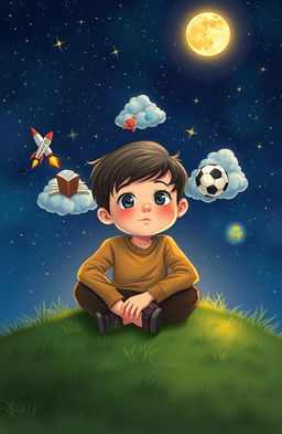 A young boy sitting on a grassy hillside under a starry night sky, dreaming of a thousand dreams