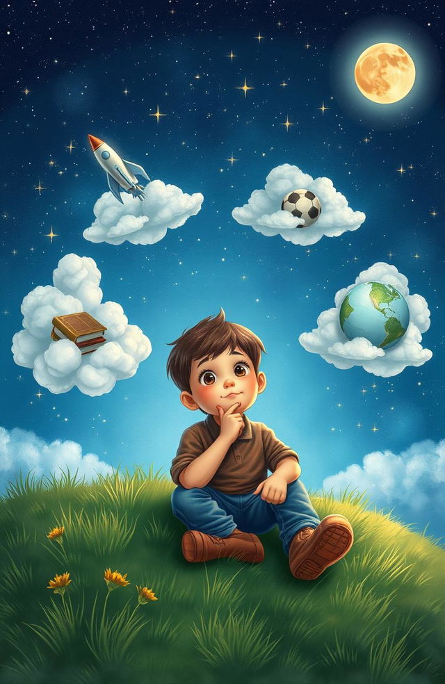 A young boy sitting on a grassy hillside under a starry night sky, dreaming of a thousand dreams