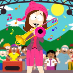 An illustration of Wendy Testaburger from South Park confidently playing a trombone