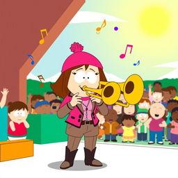 An illustration of Wendy Testaburger from South Park confidently playing a trombone