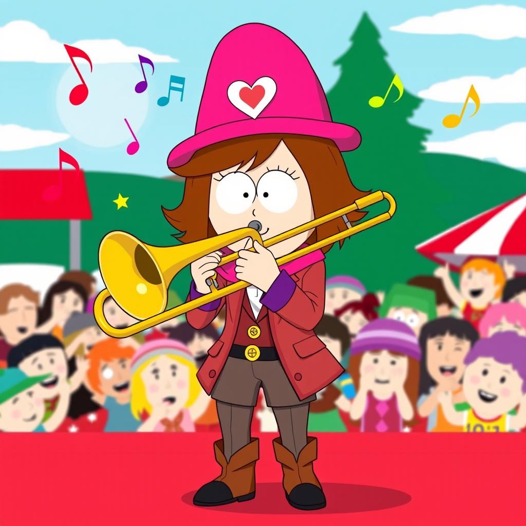 An illustration of Wendy Testaburger from South Park confidently playing a trombone