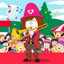 An illustration of Wendy Testaburger from South Park confidently playing a trombone