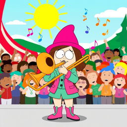 An illustration of Wendy Testaburger from South Park confidently playing a trombone