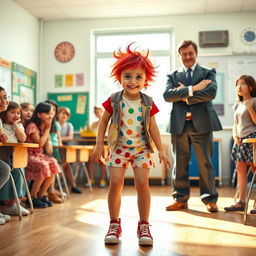 A scene in a bright and lively classroom where a shy but funny teenage girl with an endearing, nervous smile stands awkwardly, eyes wide and cheeks slightly flushed