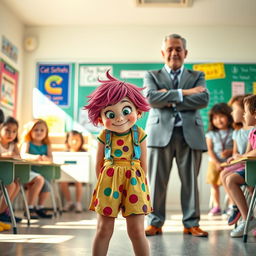A scene in a bright and lively classroom where a shy but funny teenage girl with an endearing, nervous smile stands awkwardly, eyes wide and cheeks slightly flushed