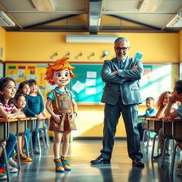 A scene in a bright and lively classroom where a shy but funny teenage girl with an endearing, nervous smile stands awkwardly, eyes wide and cheeks slightly flushed