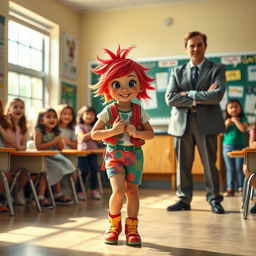 A scene in a bright and lively classroom where a shy but funny teenage girl with an endearing, nervous smile stands awkwardly, eyes wide and cheeks slightly flushed