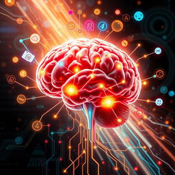 An imaginative and dynamic representation of mind programming, showcasing a human brain interconnected with vivid, glowing circuits and pathways