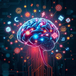 An imaginative and dynamic representation of mind programming, showcasing a human brain interconnected with vivid, glowing circuits and pathways